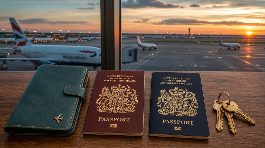A flat lay of an older burgundy and a newer blue British passport, a teal document wallet and keys lying flat on an airport table with planes visible through the window at sunset