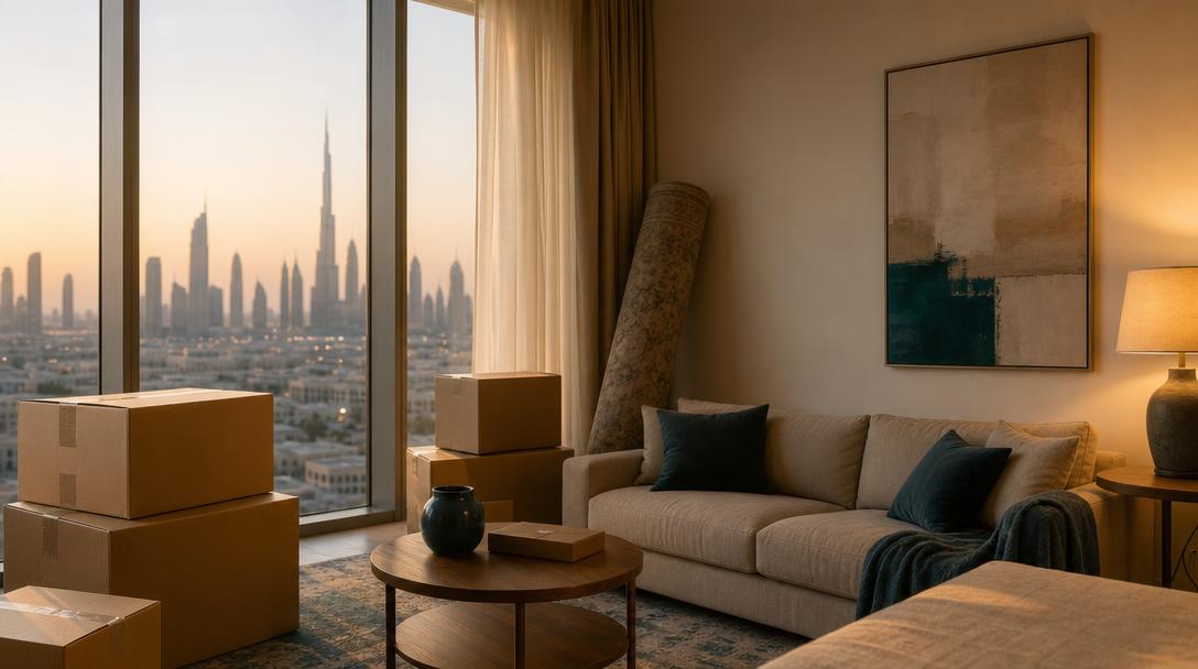 A half-settled apartment living room at golden hour with packing boxes and a rolled rug by a window over the Dubai skyline
