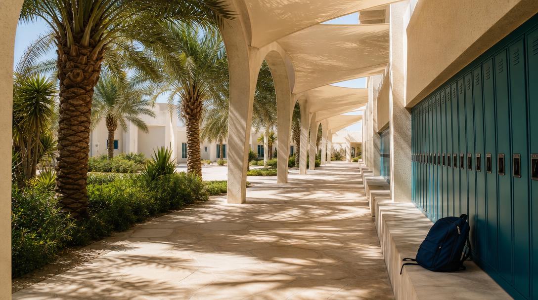 A palm-shaded school walkway with arched shade structures, teal lockers and a single backpack