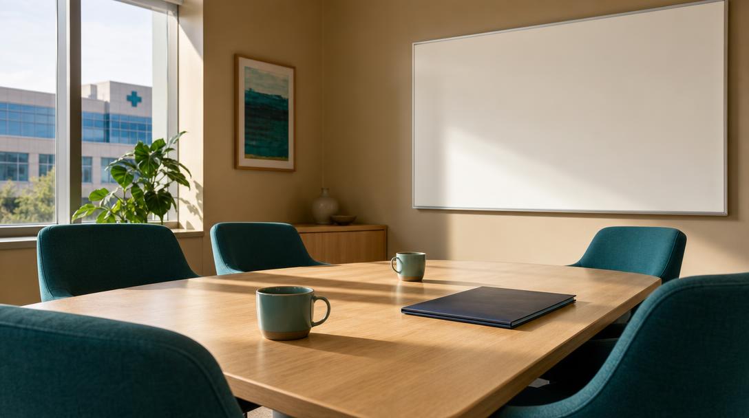 A sunlit hospital meeting room with teal chairs, coffee cups and a blank whiteboard