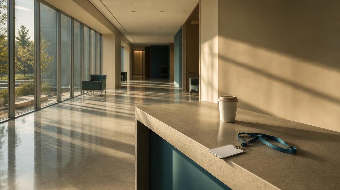 Early morning light in a quiet clinical corridor with a blank ID badge and coffee cup on the counter